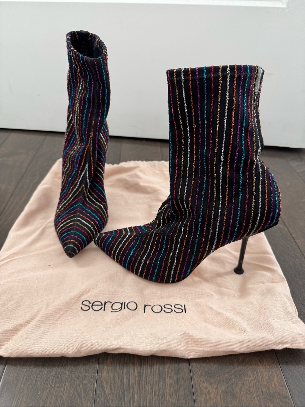 Sergio Rossi Black Striped Metallic Pointed Sock Boots